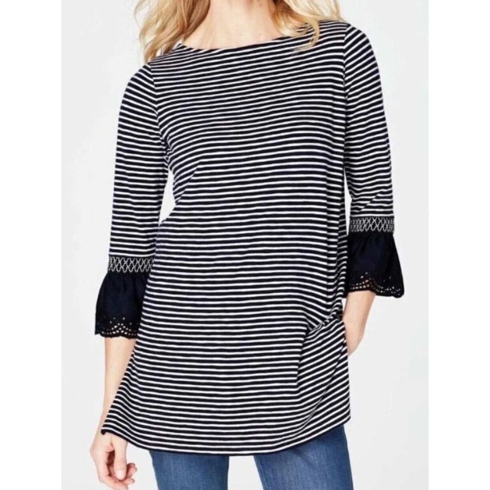 J. Jill Navy White Striped Bell Sleeve Eyelet Trim Top Womens Medium Nautical